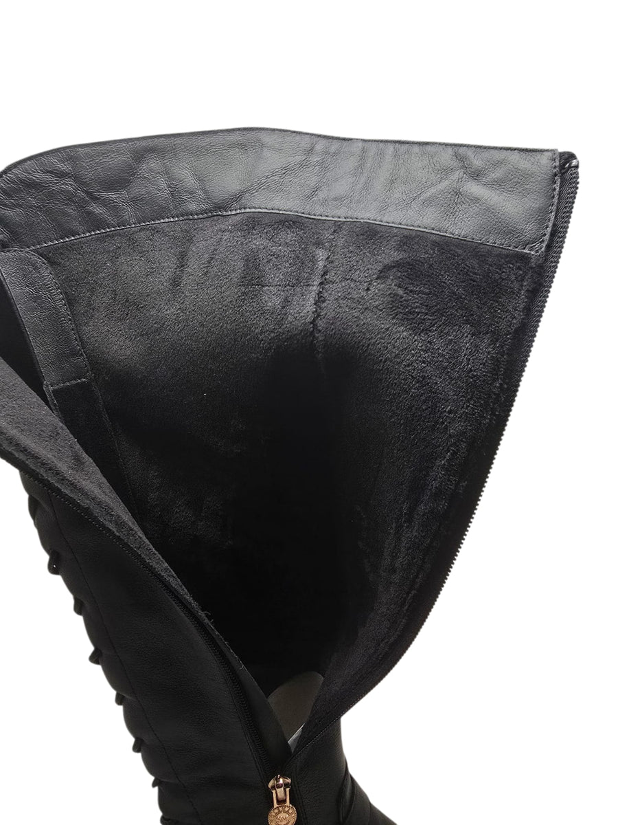 SoleMani Chelsea – Slim Calf Tall Leather Boot with Back Lace Detail and Gold Buckle