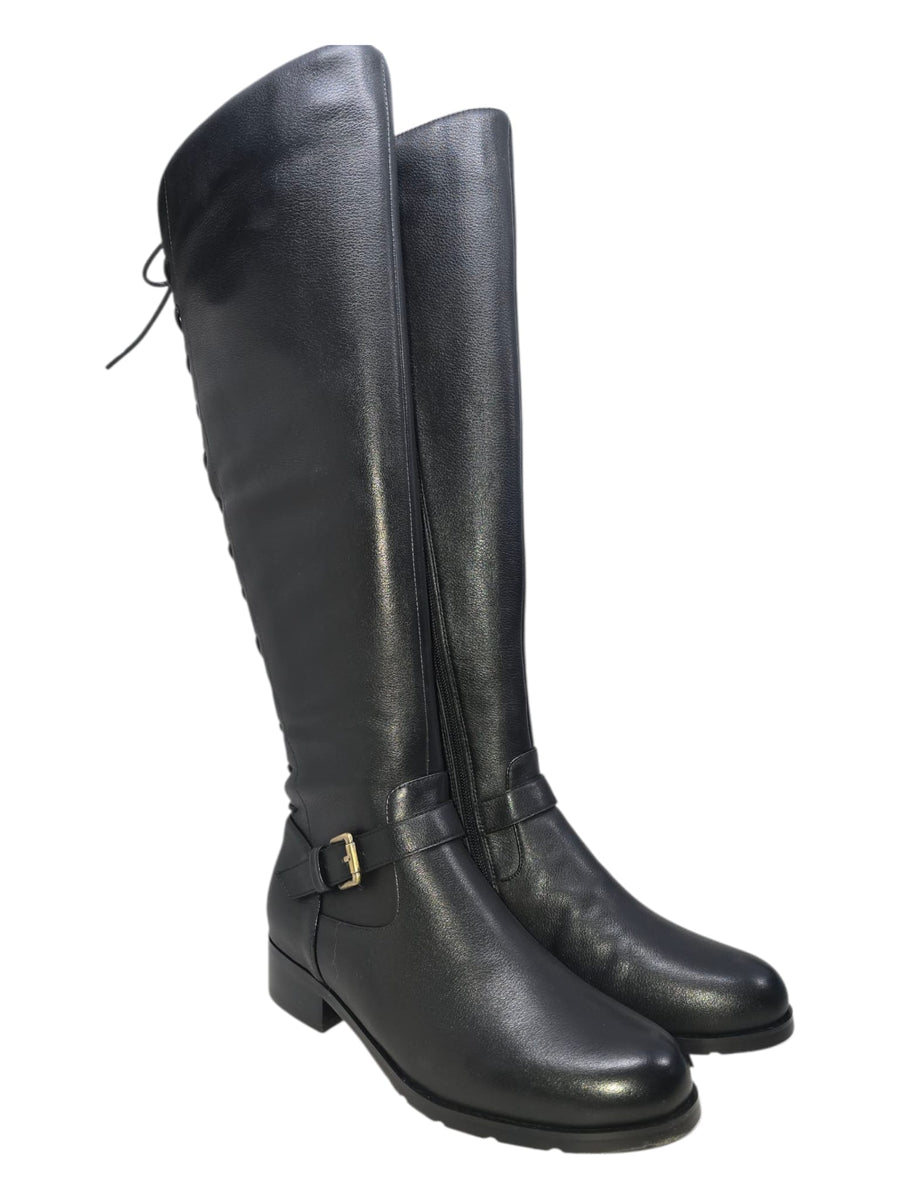 SoleMani Chelsea – Slim Calf Tall Leather Boot with Back Lace Detail and Gold Buckle
