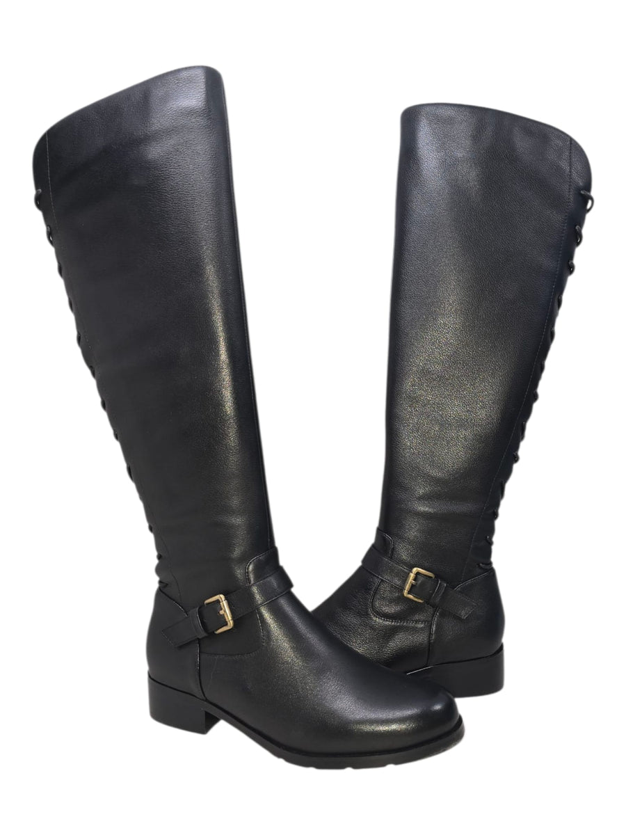 SoleMani Chelsea – Slim Calf Tall Leather Boot with Back Lace Detail and Gold Buckle