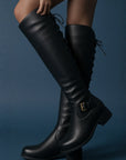 SoleMani Chelsea – Slim Calf Tall Leather Boot with Back Lace Detail and Gold Buckle