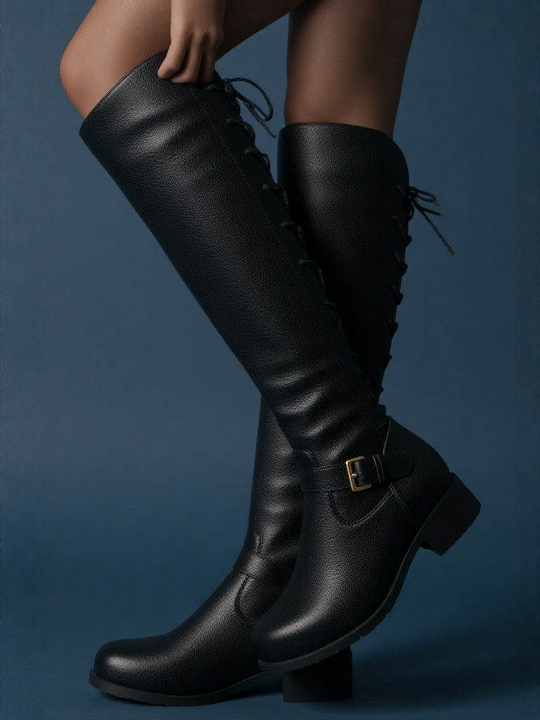 SoleMani Chelsea – Slim Calf Tall Leather Boot with Back Lace Detail and Gold Buckle