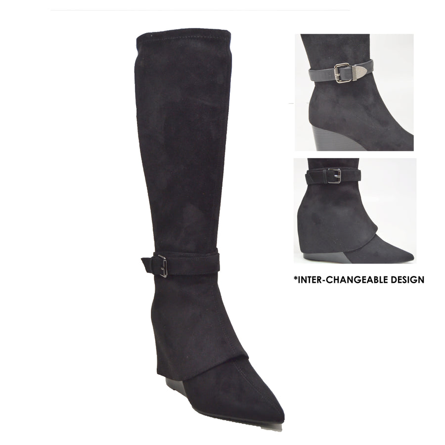 Paris2- Faux Suede Wedge Boot: 3-in-1 Wedge Dress Boot: Stylish Versatility at Its Best