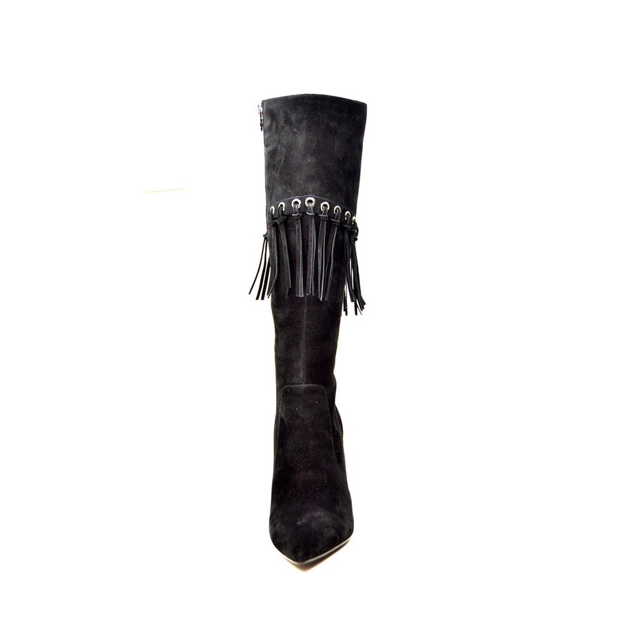 Italy Black Dress Boots with Fringe Detailing - Sophisticated and Stylish Footwear for Any Occasion