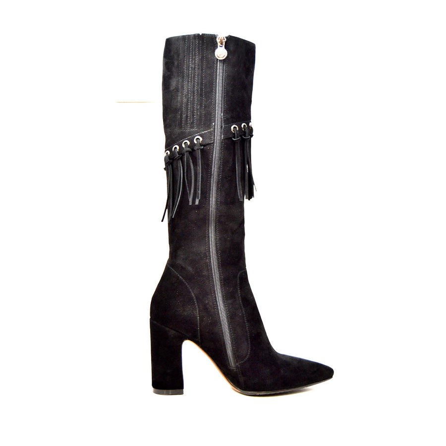 Italy Black Dress Boots with Fringe Detailing - Sophisticated and Stylish Footwear for Any Occasion