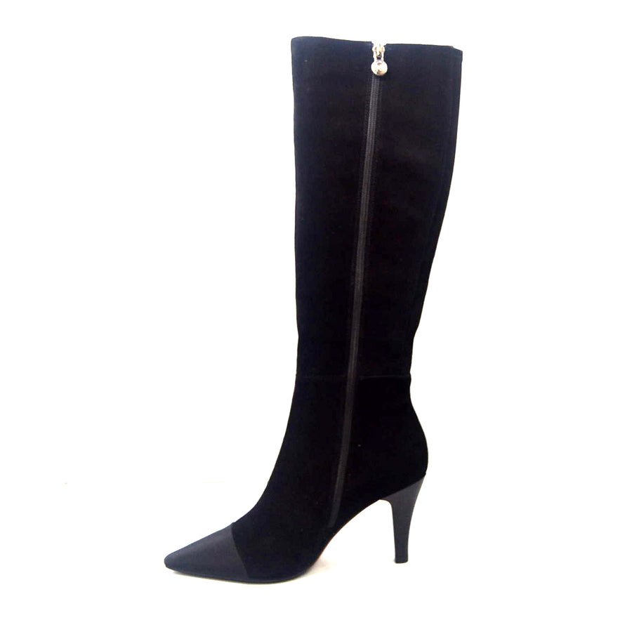SoleiMani Daniella Leather & Satin Narrow Calf Heel Dress Boots 9 / Black / Slim SoleiMani Daniella Leather & Satin Narrow Calf Heel Dress Boots 9 / Black / Slim